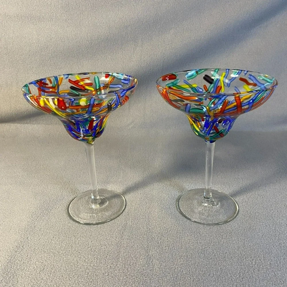 2 Pier One Confetti Swirl Design‎ Hand-Painted Glasses For Wild Margarita Nights